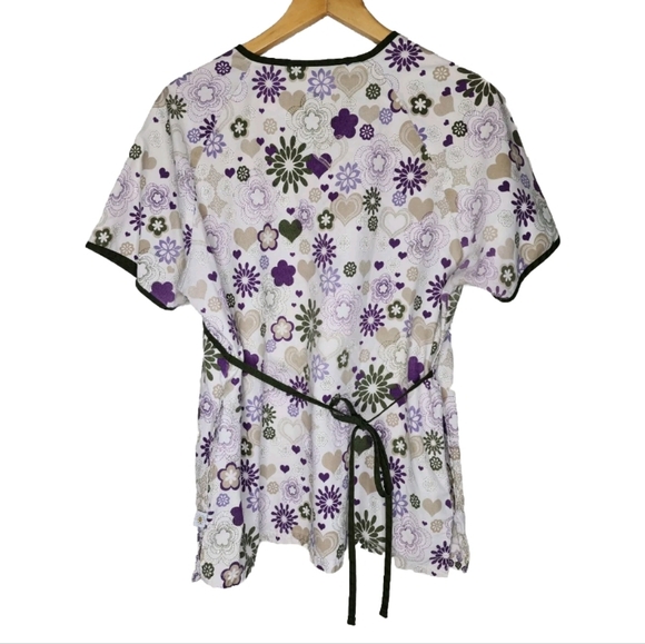 Happy Scrubs Floral and Heart Print Scrub Top in White and Purple - Picture 2 of 6